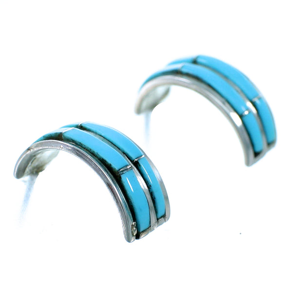 Zuni Sterling Silver Turquoise Inlay Post Hoop Earrings SX110065